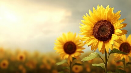 Obraz premium Vibrant Sunflowers in a Golden Field Under Soft Light with a Gentle Sky Background Ideal for Nature and Landscape Photography