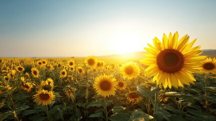 Obraz premium Lush Sunflower Field Under Bright Blue Sky at Sunset, Vibrant Flowers Stretching Towards Warm Glow of Sun in Beautiful Nature Landscape