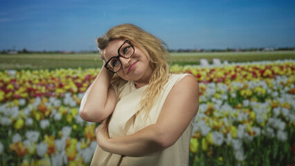 Woman with hand to neck among tulip flowers in studio, wearing glasses and sleeveless dress, slight smile and relaxed pose; serenity.