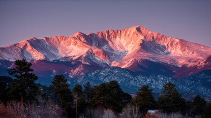 Majestic Sunrise over Snow-Capped Mountain Peaks Illuminated by Soft Pink and Purple Light with Lush Green Trees in the Foreground