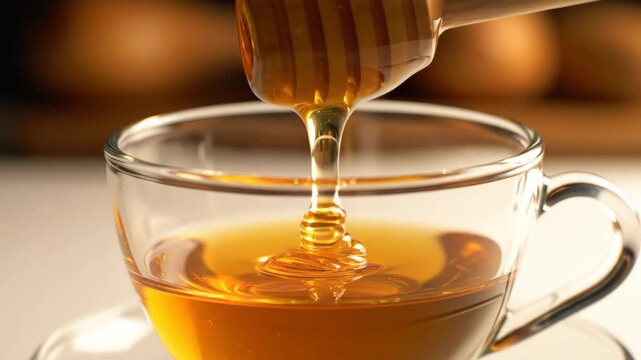 Capturing the elegant design of liquid gold, a sweet stream of honey gracefully pours from a dipper into a warm, inviting cup, highlighting nature's perfect golden elixir