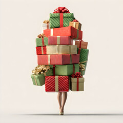 Joyful holiday giving brings a towering stack of beautifully wrapped Christmas presents, a celebration of generosity and stylish gift giving, pure holiday magic