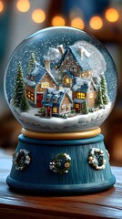 Dreamy winter village snow globe with cozy illuminated cottages and falling snow, perfect for holiday cards and festive social media posts this season