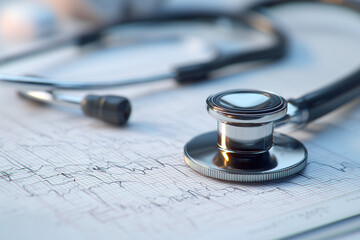 A stethoscope lies on a printed electrocardiogram. The setting indicates a medical examination room, suggesting a check-up or diagnostic procedure.