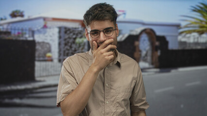 Fototapeta premium Young hispanic man in casual shirt covers mouth while laughing in front of building entrance on street; joy.