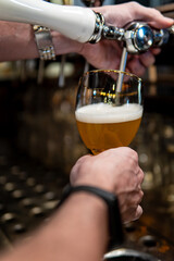 Man's hands serving a glass of light beer