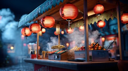 Experience the vibrant charm of a Japanese food stall at night with glowing lanterns and tempting street food, perfect for travel and cultural themes