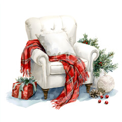 Cozy Christmas armchair scene with red plaid throw, gift, and holiday decorations, perfect for festive holiday cards and seasonal designs, watercolor style