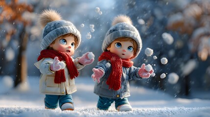Adorable kids having fun playing in the snow with red scarves and winter hats, making snowballs on a bright winter day, perfect for holiday marketing campaigns