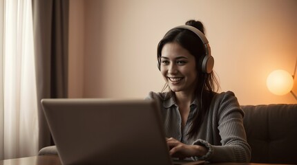 Smiling woman wear headphones talk video calling, communicating with clients, using laptop, watching webinar or video stream conference, remote work from home. Distance education