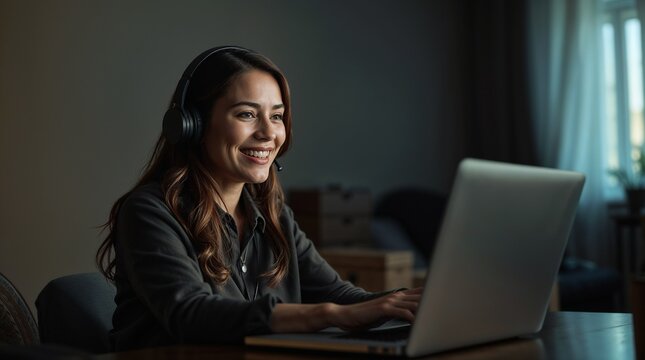 Smiling woman wear headphones talk video calling, communicating with clients, using laptop, watching webinar or video stream conference, remote work from home. Distance education - Powered by Adobe