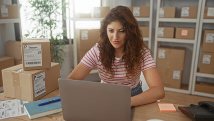 Woman typing on laptop with stacked parcel boxes and shipping labels on desk in a building office workspace; focused entrepreneurship.