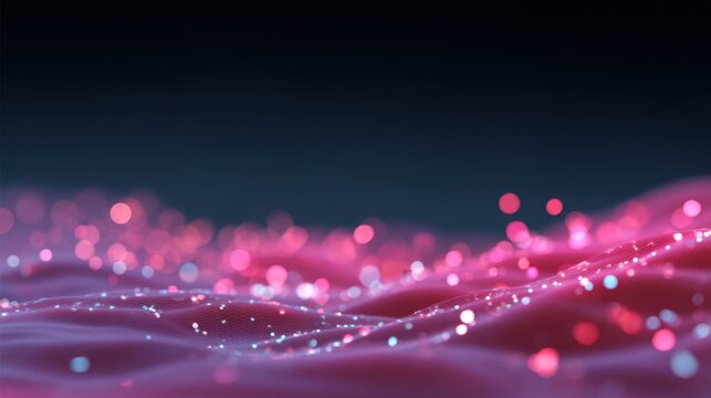 Abstract glowing particles on smooth flowing surface in vibrant pink and blue hues, creating a mesmerizing and dynamic background for digital art.