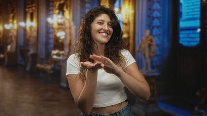 Woman pinches fingers with both hands while smiling in a building hall with sculptures and ornate lighting; playful curiosity joy.