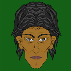 Stylized male face illustration with sharp features and expressive eyes, suitable as a character reference or artistic portrait design.