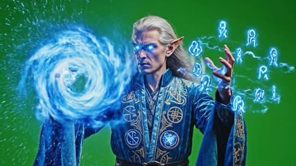 Powerful elf wizard casts a magical spell with glowing blue energy and ancient symbols against a vibrant green screen backdrop in a fantasy themed scene for gaming or cosplay use - Powered by Adobe