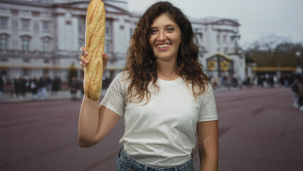 Fototapeta premium Woman holding baguette and flexes arm on a city street with historic building in view; confidence celebration.