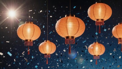 Illuminated Chinese Lanterns Floating in the Night Sky with Confetti.