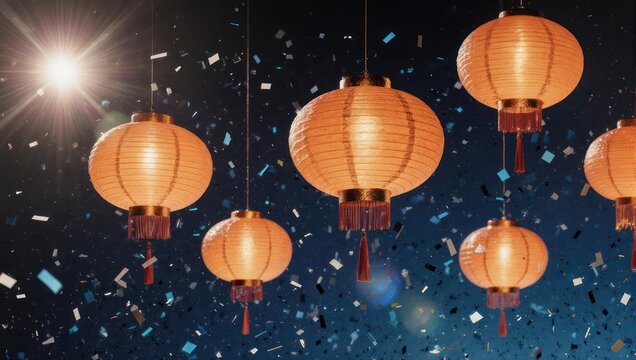 Illuminated Chinese Lanterns Floating in the Night Sky with Confetti.