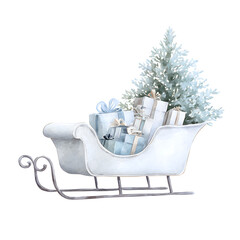 Elegant winter sleigh overflowing with beautifully wrapped Christmas presents and a festive fir tree, evoking holiday joy and gifting wonder.