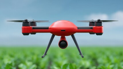 Red drone in flight above vibrant green crop field with clear blue sky, showcasing technology in agriculture, aerial surveying, and modern farming techniques