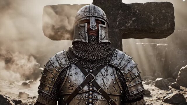 Medieval knight stands guard near a stone cross wearing full armor including a helmet and chainmail in a dramatic and atmospheric setting with sun rays shining through the dust