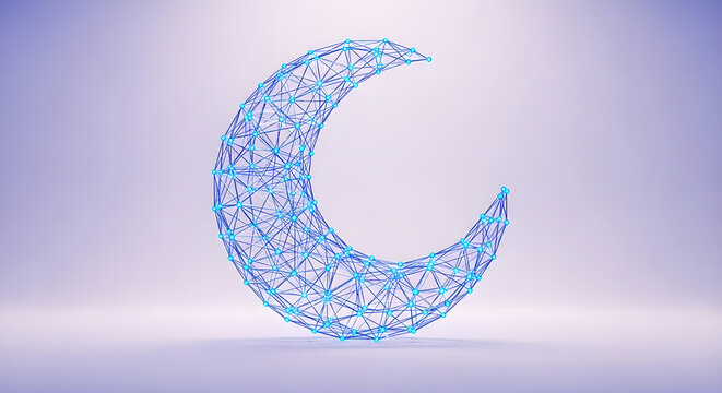 Crescent Moon Wireframe Abstract Blue Digital Copy Space