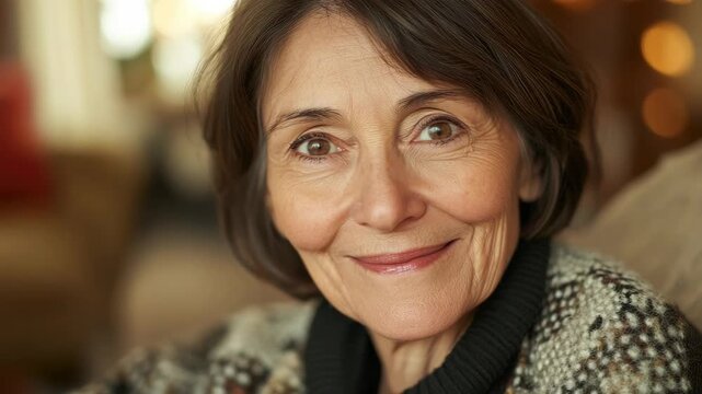 An elderly woman with a warm smile, wearing a patterned sweater, seated comfortably indoors.