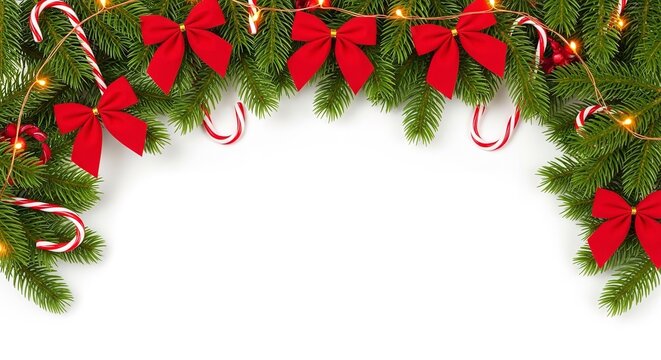 Christmas garland with red bows and candy canes on green pine branches against a white background space for text