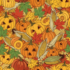 Autumn Fall Seamless Pattern with Hand-drawn Pumpkins, Leaves & Corn. Festive Background for Halloween & Thanksgiving.