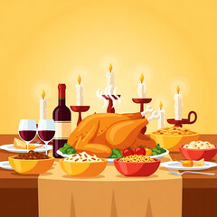 Festive Holiday Dinner Table with Roasted Turkey, Wine, Candles, and Side Dishes Illustration