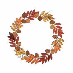 Autumn Wreath Illustration with Colorful Fall Leaves and Acorns. Seasonal Graphic Design Element.