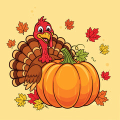 Happy Thanksgiving Turkey with Pumpkin and Autumn Leaves Illustration