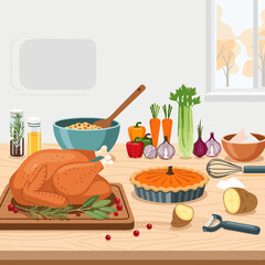 Holiday Feast Preparation: Roasted Turkey, Pumpkin Pie, and Fresh Ingredients on Kitchen Counter