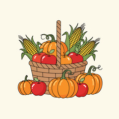 Vibrant Autumn Harvest Basket with Pumpkins, Apples, and Corn. Abundant Thanksgiving Produce Vector Art.