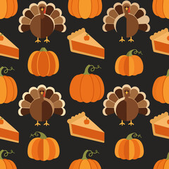 Festive Thanksgiving Seamless Pattern: Flat Design Turkeys, Pumpkins, and Pumpkin Pie Slices on Dark Background