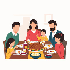 Happy family enjoying a festive holiday dinner with roasted turkey and traditional meal at home. Togetherness illustration.