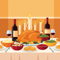 Festive Dinner Table with Roasted Turkey, Wine, and Side Dishes. Holiday Celebration Meal with Candlelight and Abundant Food.
