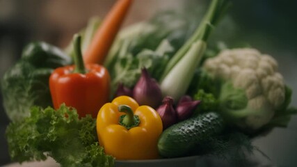 Cinematic sweeping shot of vegetable arrangement with shallow depth of field
