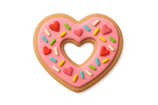 Heart-shaped cookie with pink icing and sprinkles transparent background