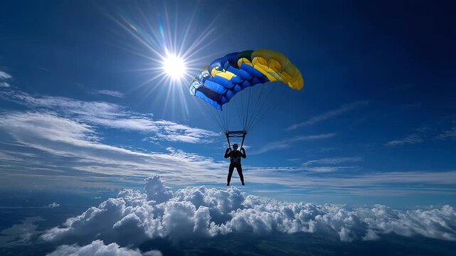 Partial silhouette of airborne trainee near crystal clear deployed canopy during controlled descent, with copy space