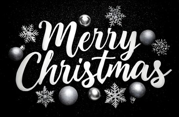Elegant silver snowflakes and shimmering ornaments beautifully adorn a festive 'Merry Christmas' greeting on a sparkling black background, perfect for holiday designs.