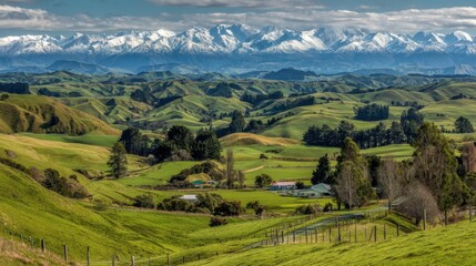 Fototapeta premium Expansive Green Rolling Hills with Snow-Capped Mountains in Background Under Clear Blue Sky in Beautiful Countryside Landscape