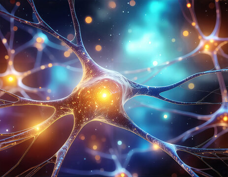 Vibrant neural network with glowing synapses and interconnected neurons.