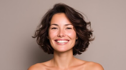 Fototapeta premium Joyful Woman with Curly Hair against Neutral Background, Emphasizing Happiness, Confidence, and Natural Beauty in Portrait Photography