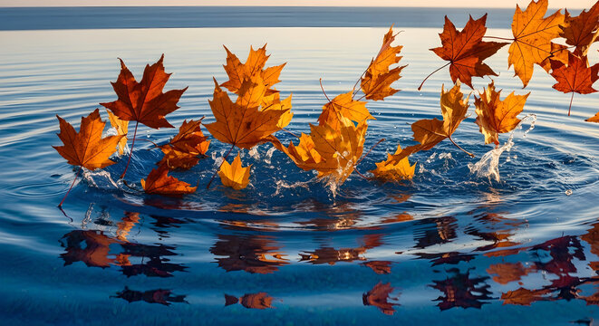 Autumn Leaves Splashing Water Orange Blue