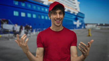 Man in red cap and t shirt raises hands and points to cruise ship at bustling port; service...