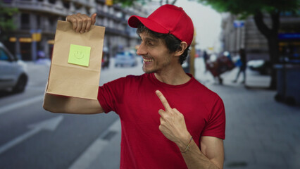 Delivery man in red cap and red shirt holds paper bag and points finger to bag with smiling face in...