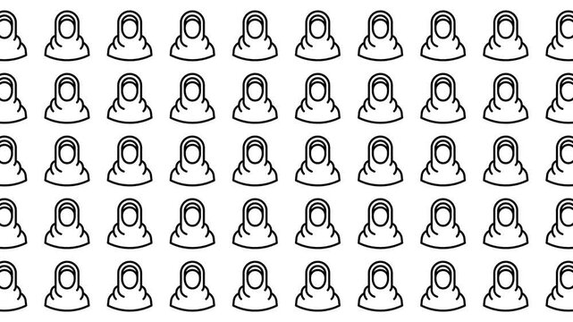 Grid pattern of many simple hijab icon drawings. Perfect for graphic design projects, diversity themes, religious events, cultural publications.