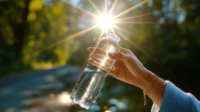 Close-up of transparent bottle being lifted with defocused woman and clear sunbeam reflections visible, with copy space